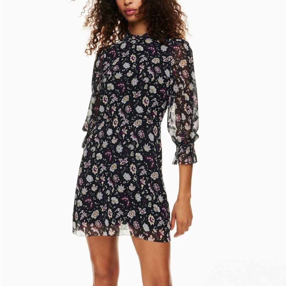 Wilfred Black Floral Mini Dress with Puff Sleeves